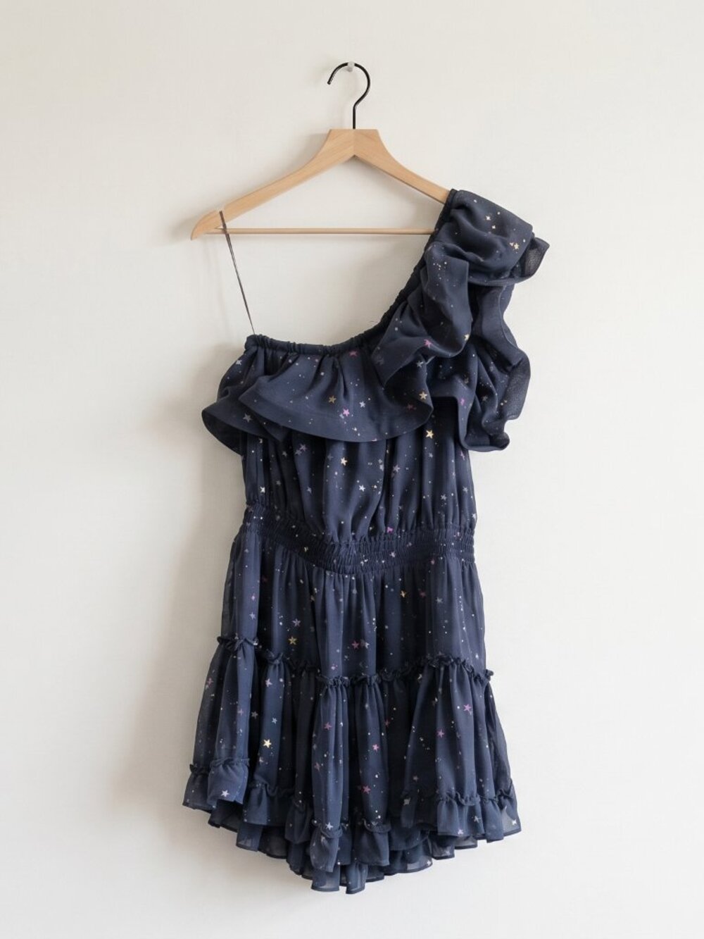Buddy Love Sofia Dress Navy Star Print One Shoulder Ruffle Mini Medium